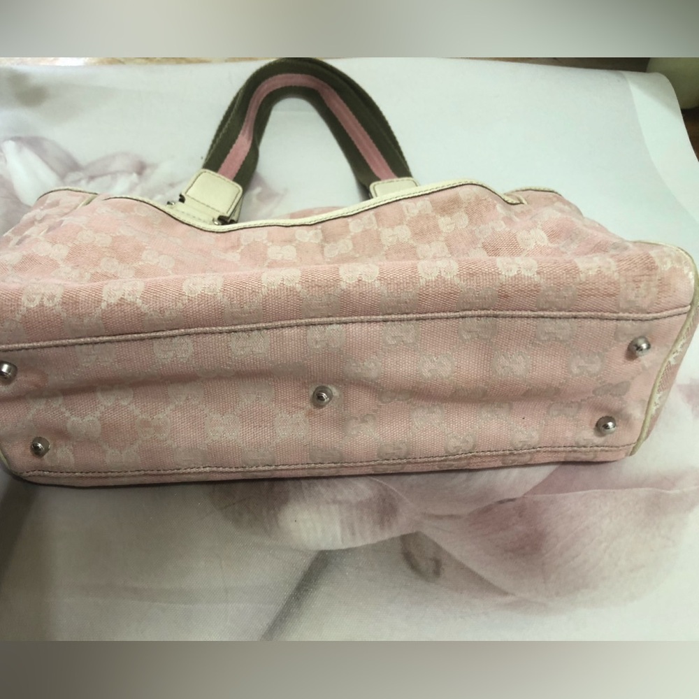 Gucci hand bag pink canvas tote pocket stripe Authentic RARE - Picture 7 of 14